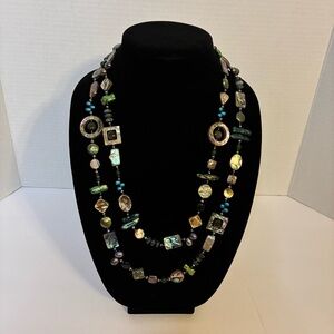 Long Iridescent Abalone & Shell Beaded Necklace – 53”